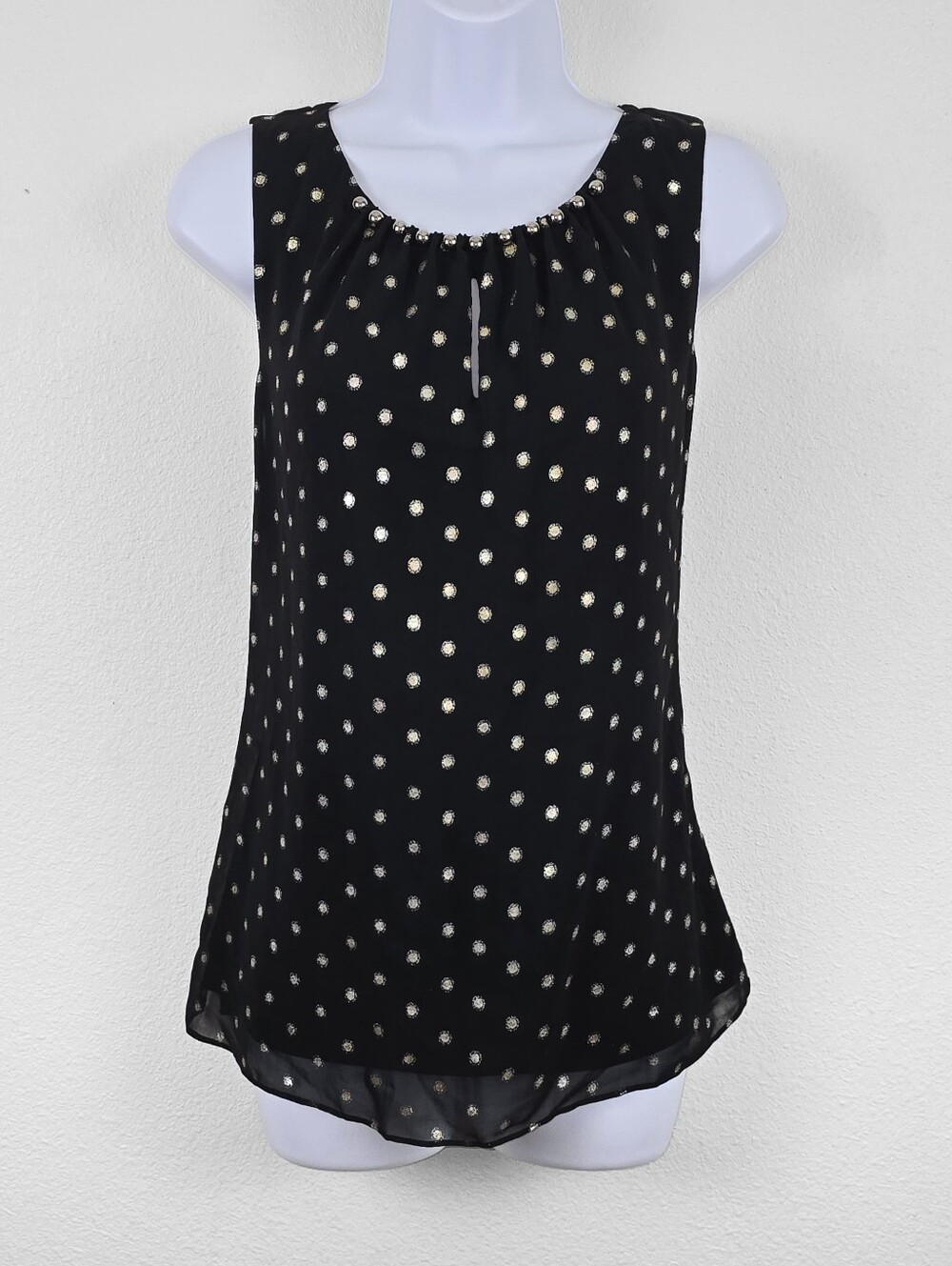 White House Black Market Black & Gold Metallic Polka Dot Embellished Blouse - S